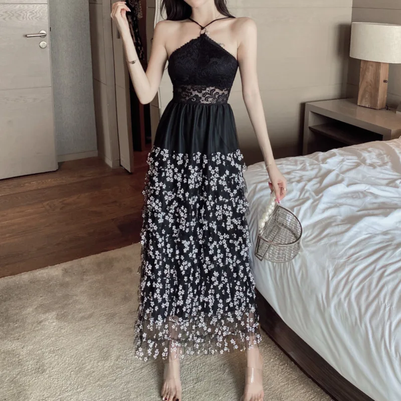 

Женское кружевное лоскутное платье, длинное пляжное платье на бретельках с открытой спиной, многослойное платье с оборками и принтом марга...