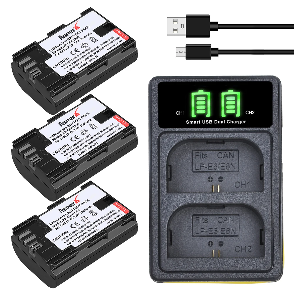 

3Pc LP E6 LP-E6 LP-E6N Battery Bateria + LED USB Dual Charger For Canon EOS 5D Mark II III 50D 6D 60D 7D 70D 80D 90D EOS R