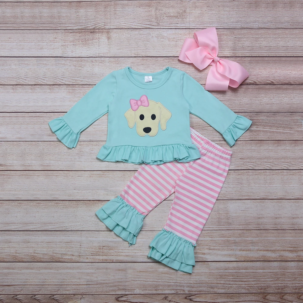 Ropa de oto&ntilde;o para ni&ntilde;as, Top de manga larga azul y pantalones a rayas rosas, con lazo rosa, bordado con cabeza de perro, trajes para ni&ntilde;as-0