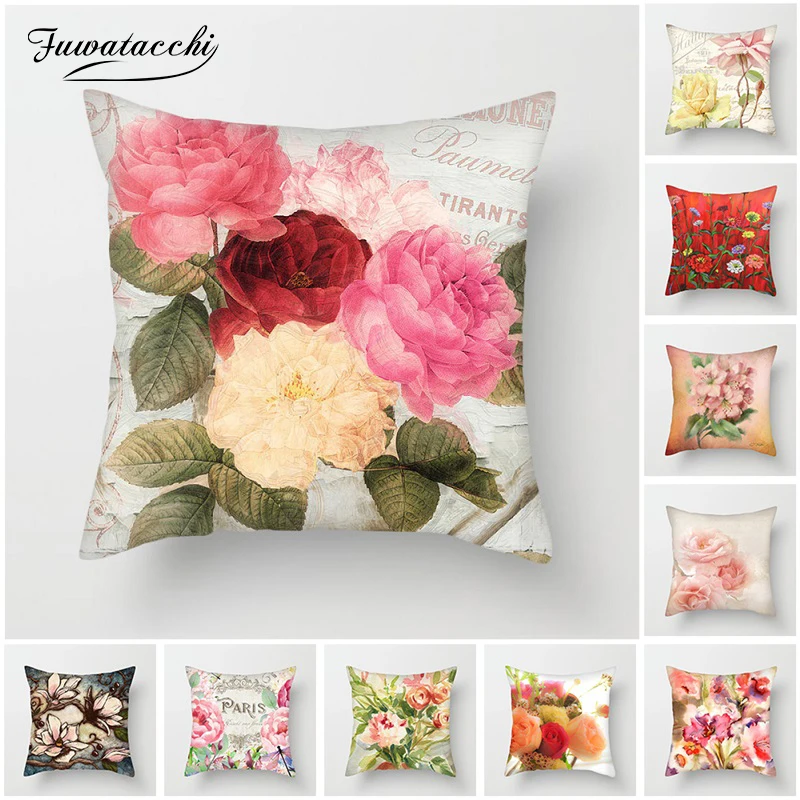 

Чехол на подушку с розовой розой Fuwatacchi, цветная Цветочная Подушка, декоративная наволочка для дивана, домашний декор, наволочки в стиле Пари...
