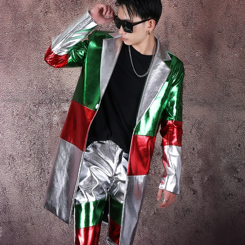 

2019 Original patchwork leather suit in the long suit PU patchwork jacket oversize singer clothing [M-6XL]