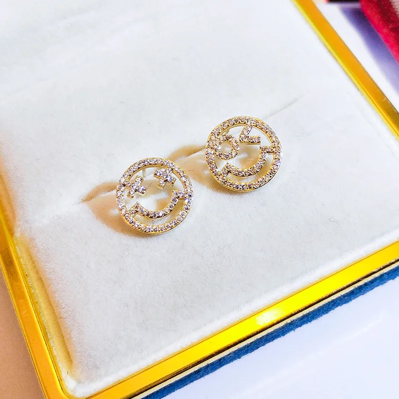 

Solid 925 Silver Luxury Super Shine CZ Earrings for Women Delicate Crystal Smile Face Yellow Gold Ear Stud Fashion Accessories