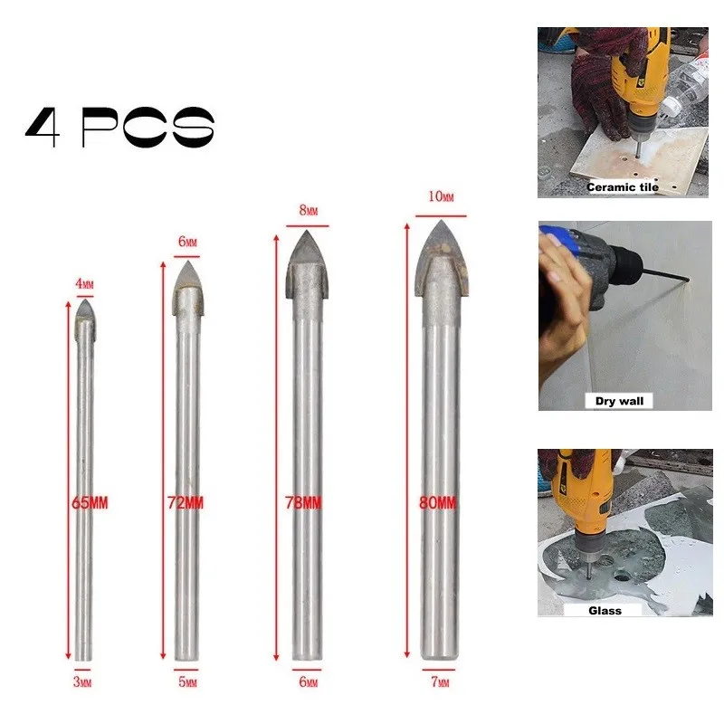 4Pc Glass Marble Porcelain Spear Head Ceramic Tile Drill Bits Set 4/6/8/10mm Spade Drill Bit For Electric Drill Cemented Carbide