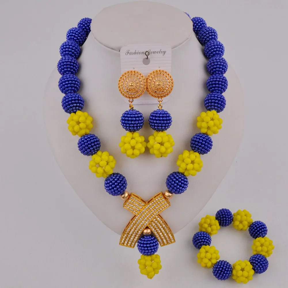 

New Nigeria Imitation Pearl Royal Blue and Yellow two-tone Necklace Jewelry African Wedding Bride Bridesmaid Jewelry Set AZ-09