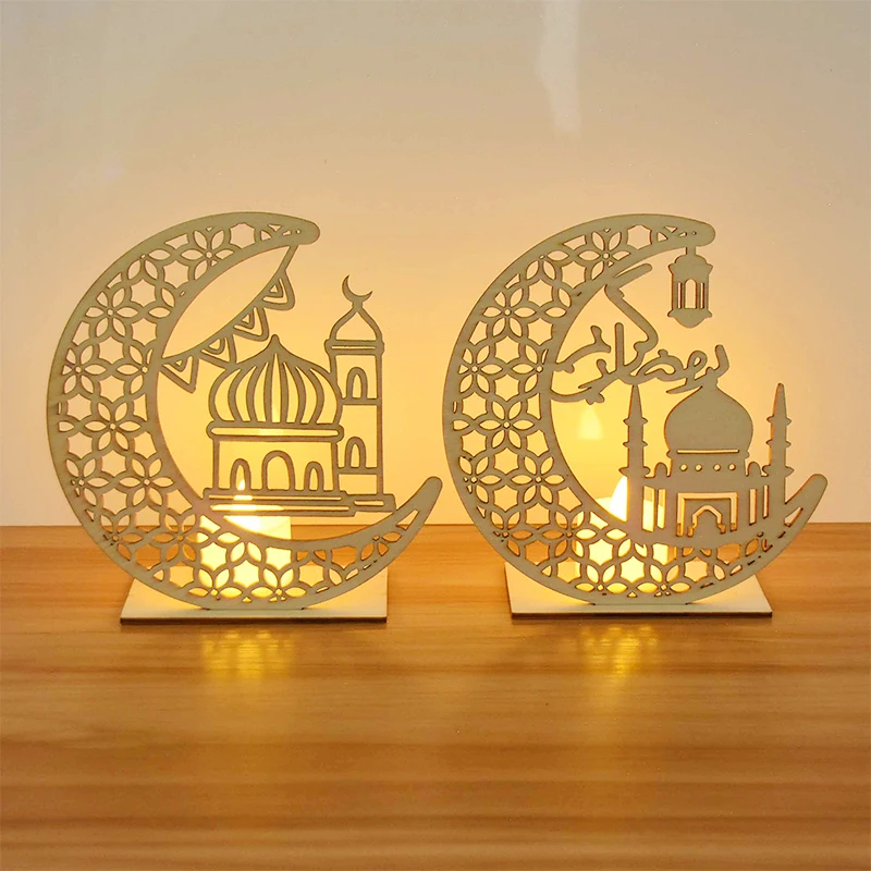

1pc Candles LED Light Eid Mubarak Ornament Wooden Moon Ramadan Decoration for Home Muslim Islam EID Party Favors