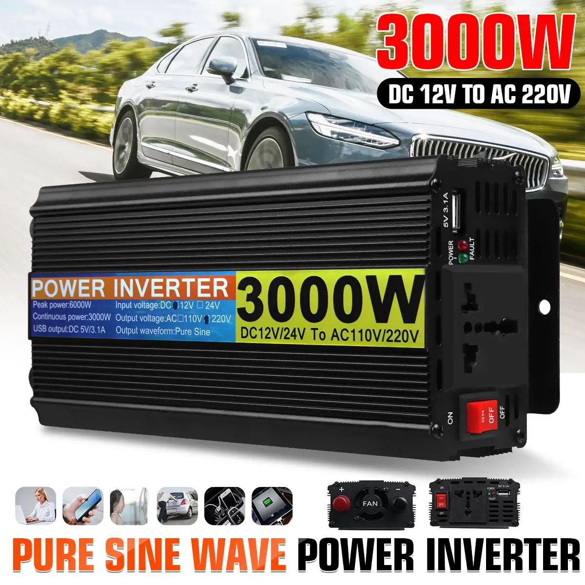 

3000W 12V 220V Car Power Inverter DC 12V to AC 220V Converter Auto Charger Converter Adapter Pure Sine Wave Voltage Transformer