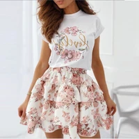 short sleeve print pleated skirt two piece loose casual letter short sleeve elastic skirt