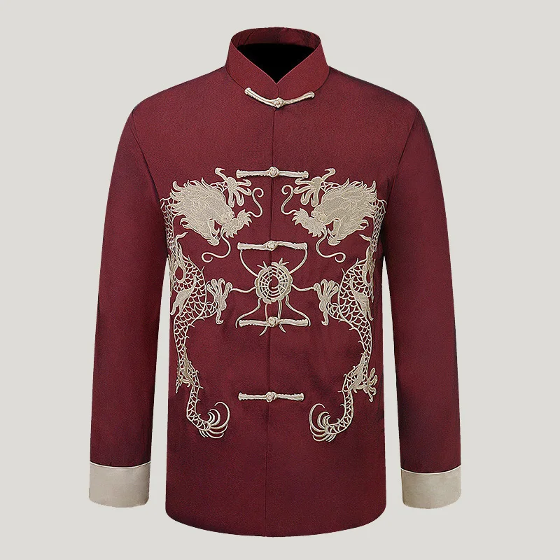 

Autumn New Men's Long Sleeve Frock Traditional Chinese Tang Suit Embroider Dragon Coat Kung Fu Jacket Coat Casual Clothing