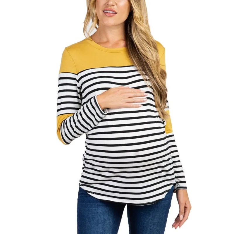 

New Hot Selling Pregnant Women's Long Sleeve Round Neck Striped T-shirt Women's Medium Length Cotton