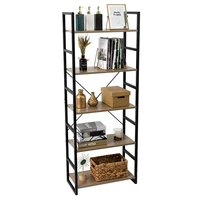 5-Tier Bookcase Storage Organizer Shelf High Quality Wood and Metal Bookshelf Rack X Frame Design 60x30x158CM Gray[US-Stock]