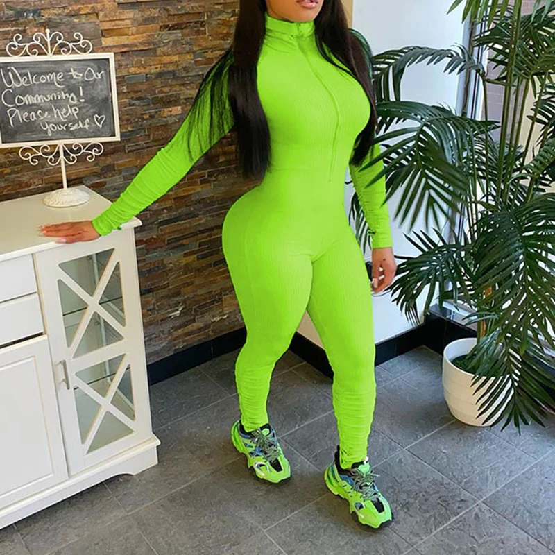 

Womens Sexy Club Playsuit 2021 Autumn Zipper Long Sleeve One Piece Bodycon Rompers Slim Jumpsuit Turtleneck Tracksuit Sweatpants