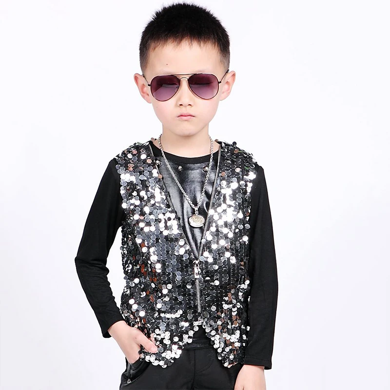 Детский костюм в стиле хип-хоп серебристая танцевальная куртка с блестками жилет