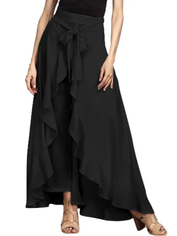 ROSEGAL Women Chiffon Skirt PantsKnot Tie Waist Ruffle Long Skirts Style Pants Elegant Wide Leg plus size 2019 | Женская одежда