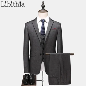 Деловые костюмы Libithia для мужчин, шерстяной Роскошный Блейзер с двумя пуговицами, куртка, жилет, брюки, Осенний серый костюм-тройка, A105