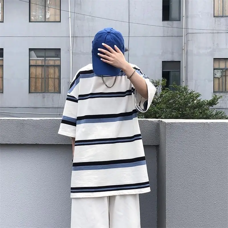 

Retro T-shirt women's all-match Japanese simple striped loose short-sleeved cotton T-shirt summer Korean loose black women's top