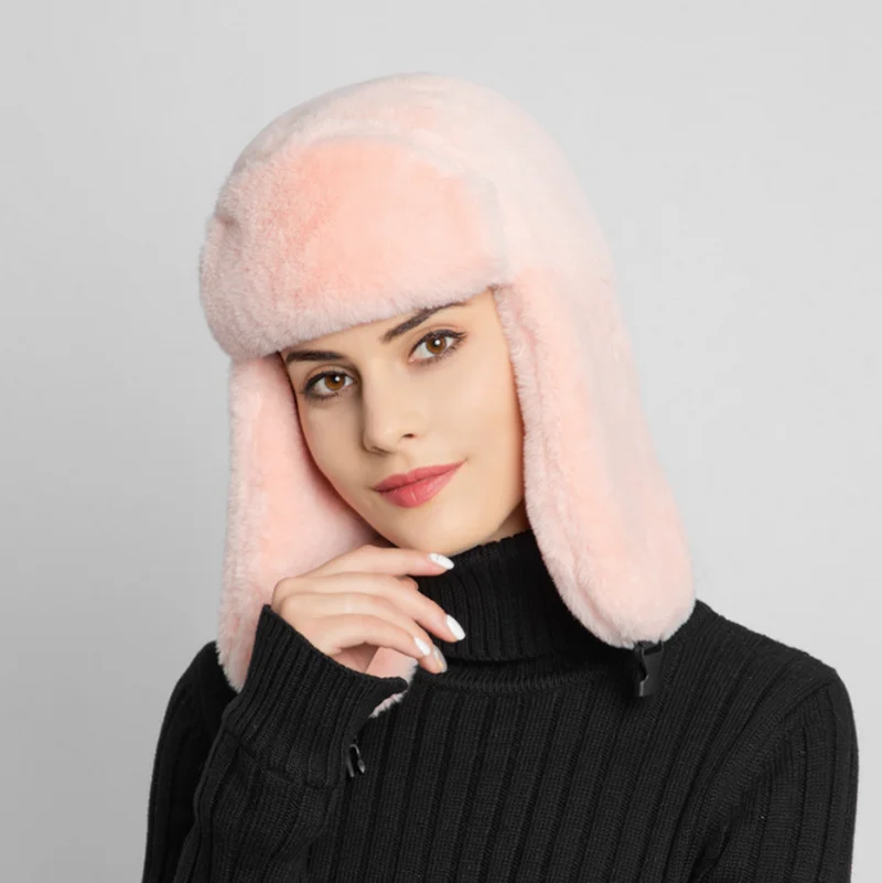 Skin pink Женские Зимние ушанки, шапка-ушанка из искусственного меха с флисовой подкладкой, модные мягкие толстые русские шапки hat003 - Цвет: Skin pink