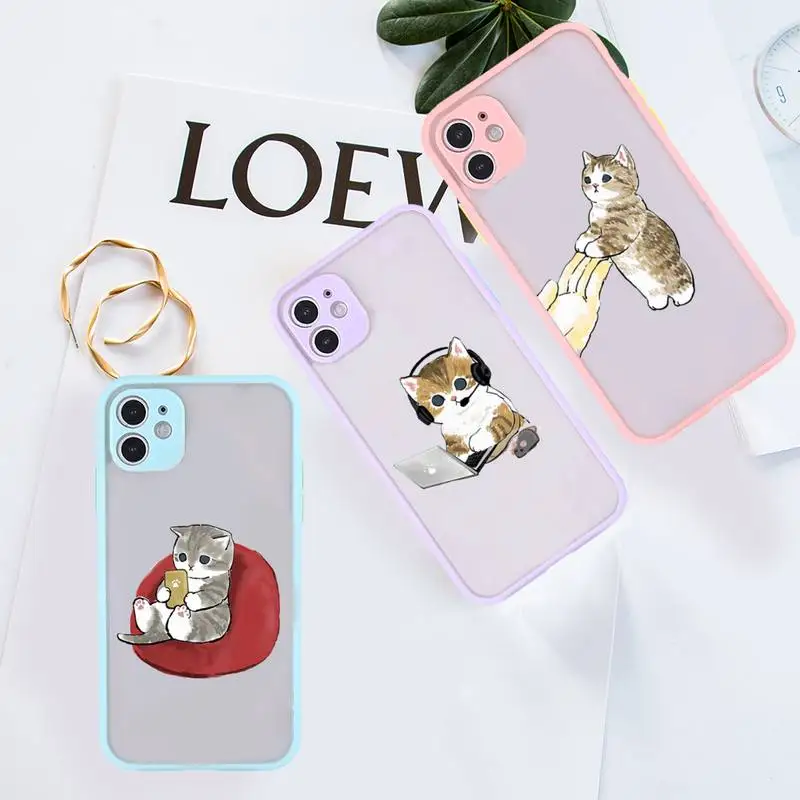 

Funny Cartoon Cat Phone Case For iPhone 12 11 Mini Pro XR XS Max 7 8 Plus X Matte transparent Purple Back Cover