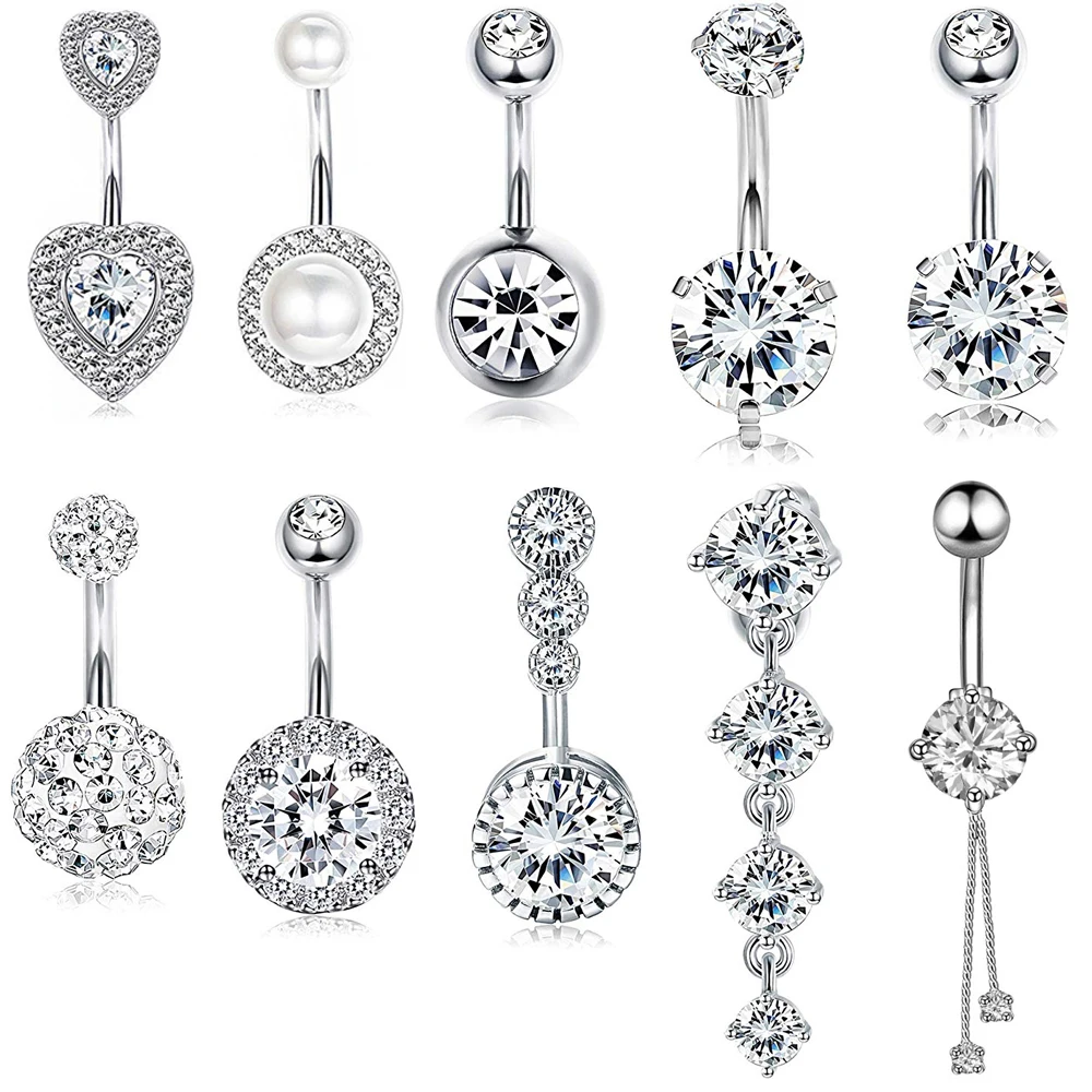 

10 Styles Sexy Dangling Navel Belly Button Ring Oreja 14G Double Round Cubic Zirconia 316L Surgical Steel Belly Piercing Jewelry