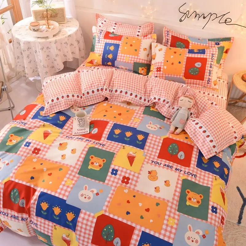

[Quilt cover + pillowcase + bed sheet] 4-piece set of cute cartoon bedding bed linen quilt cover girl single bed three-piece set