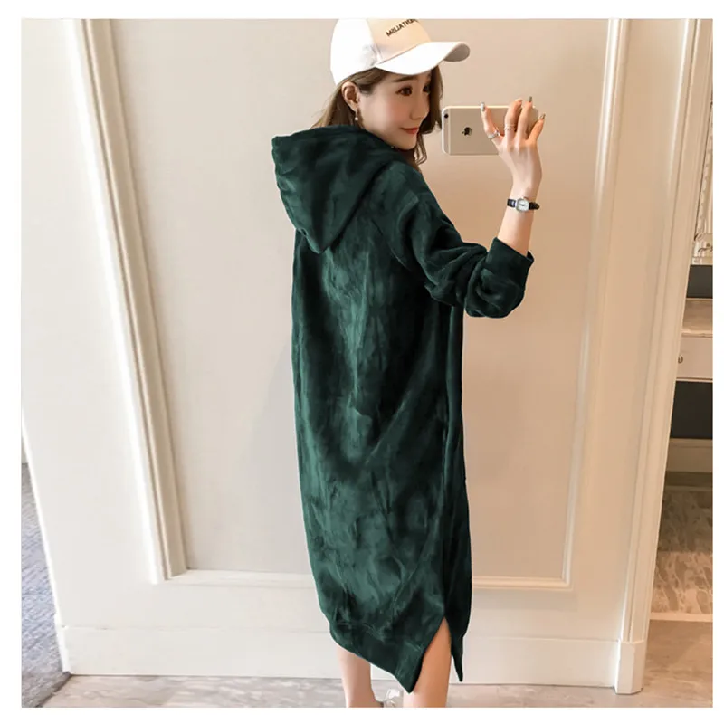 

2021 Autumn Winter Female Dress New Mid long Silk Korea Fashion Loose Pullover Hooded Thicken Women Pure color Large size M-3XL