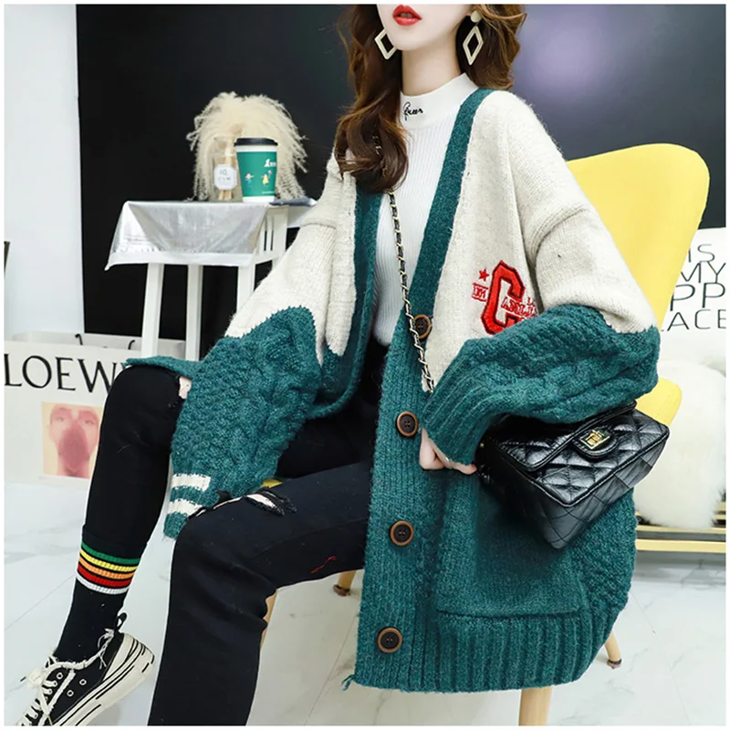 

Женский свитер, новинка весны 2021, свободная облегающая верхняя одежда, вязаный жакет для ленивых, женский свитер средней длины, кардиган, ут...