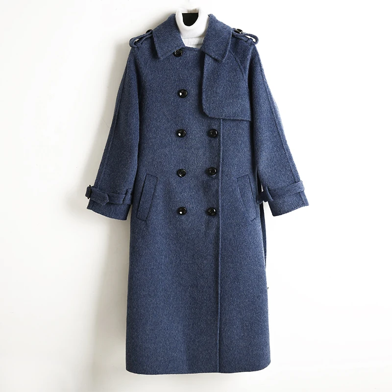 ALKMENE winter new double-faced cashmere coat women's long coat double-breasted woolen coat female cashmere coat - Цвет: Королевский синий
