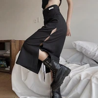 2022 new gothic women midi skirt 2022 summer office ladies casual sexy split hollow out goth skirts high waist black streetwear