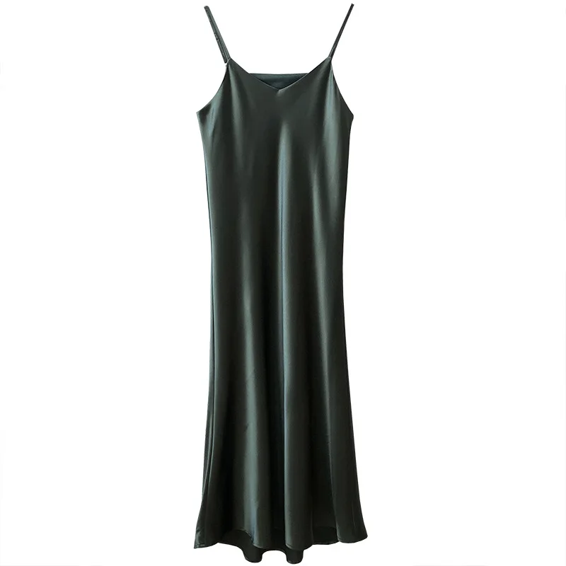 

2020 Summer New Arrive Women Satin Camis Sexy Dress A-line Solid Sleeveless Mid-calf High-waist V-neck French Bottoms