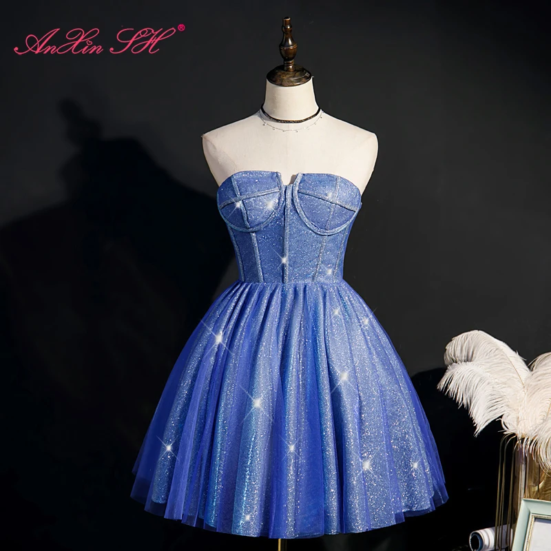 

Женское вечернее платье AnXin, синее кружевное короткое платье без бретелек, с блестками, без рукавов, для дня рождения