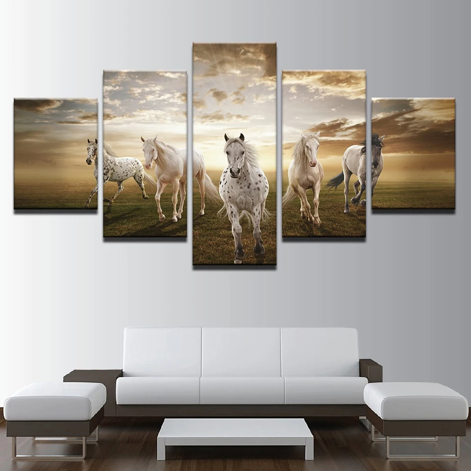 Холст Картины Wall Art рамка Декор в гостиную 5 шт. бег конь фотографии модульный HD с