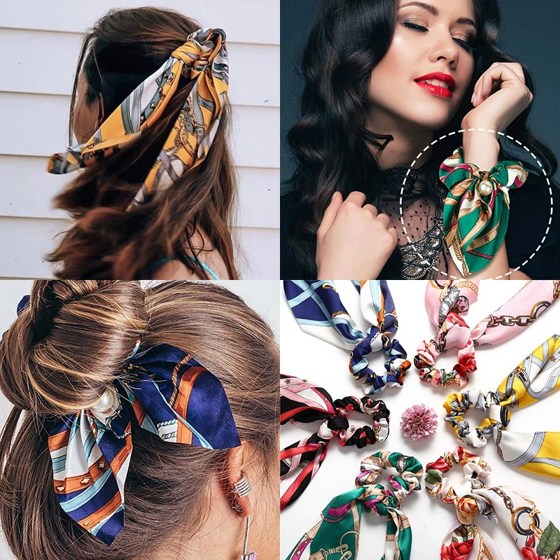 

Fashion Hair Scrunchies Jewelry Ponytail Holder Bow Elastic Hair Accessories For Women Scarf Bow Tie Hair Band Ribbon Headwear