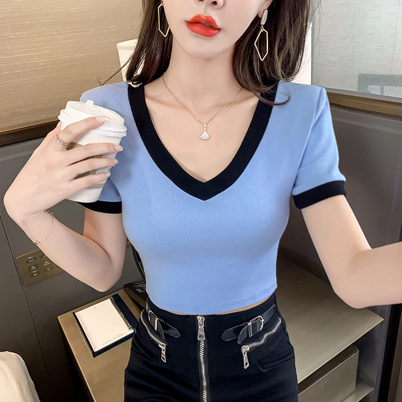 Новинка лета 2021 цветная контрастная Футболка с V-образным вырезом Женский