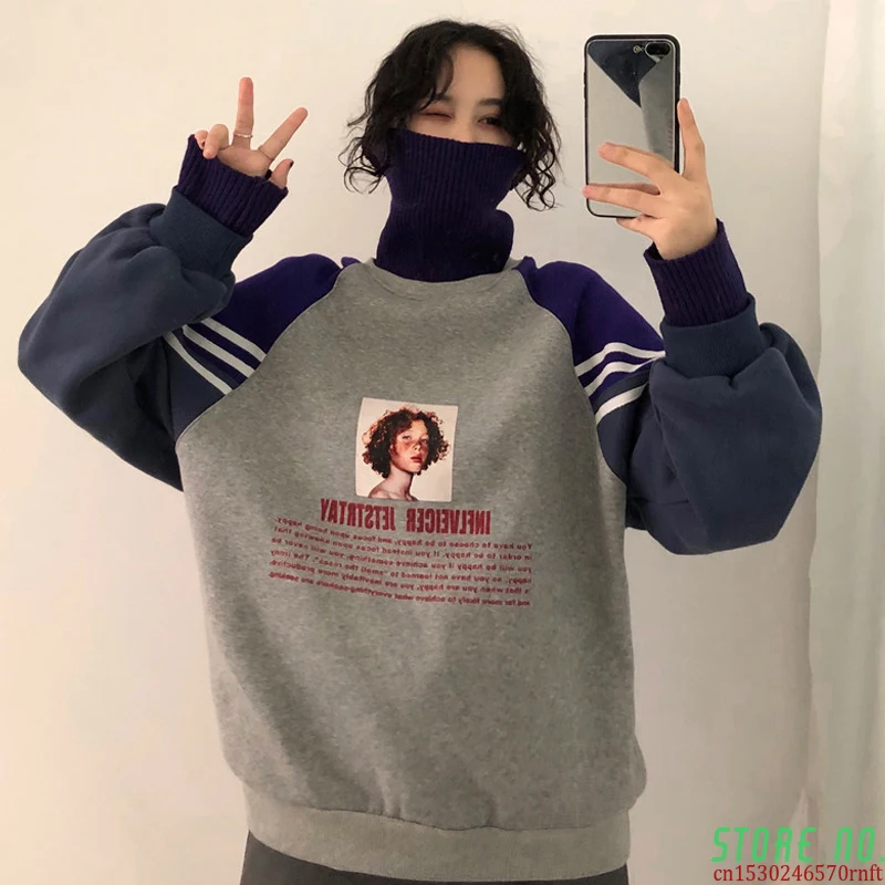 

2021 Hoodie Sweatshirt Women Winter Oversize Tops Fashion Pattern Printed Sweatshirt Autumn Turtleneck Outerwear Warm Pullover