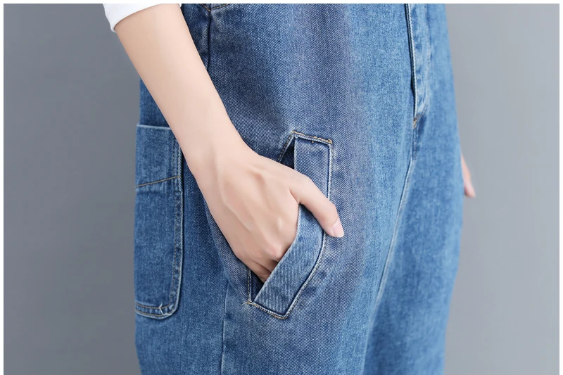 

Jeans Women Overalls Harem-Pants Denim Trousers Loose Vintage Pure color High-Waist Femme DM001