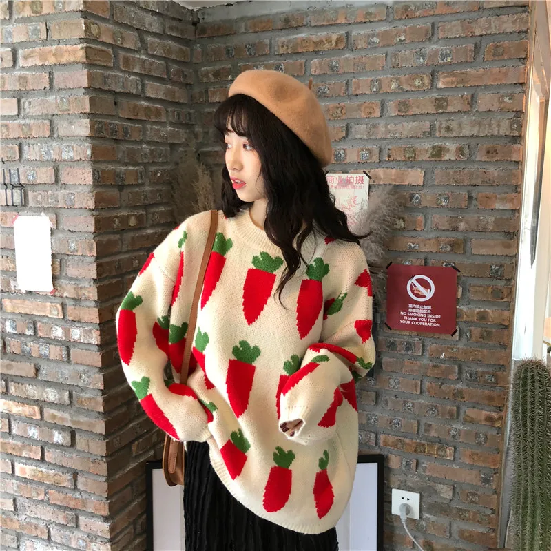 Зимний женский свитер модный свободный круглый вырез Harajuku морковь пуловеры с