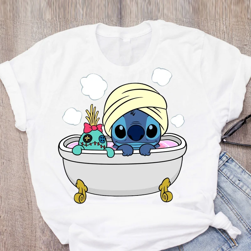 Women Cartoon Stitch Print Short Sleeve 90s Coffee Dog Cute Womens Summer Lady Clothing T-Shirt Shirt Tops Tees Female T | Женская