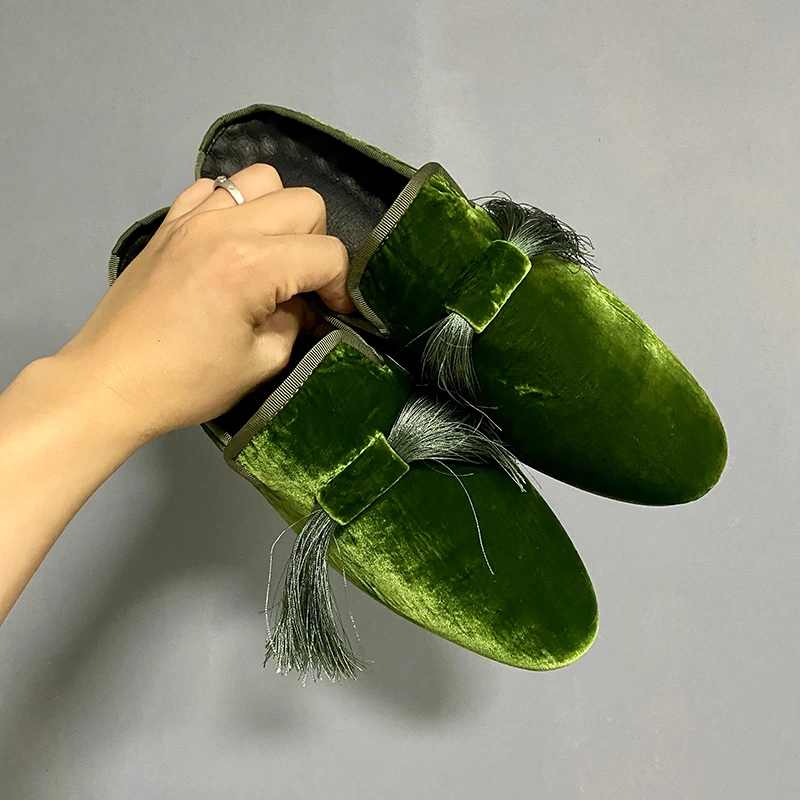 

Men's Fashion Green Velvet Tassel Mules Flat Casual Shoes Round Toe C148