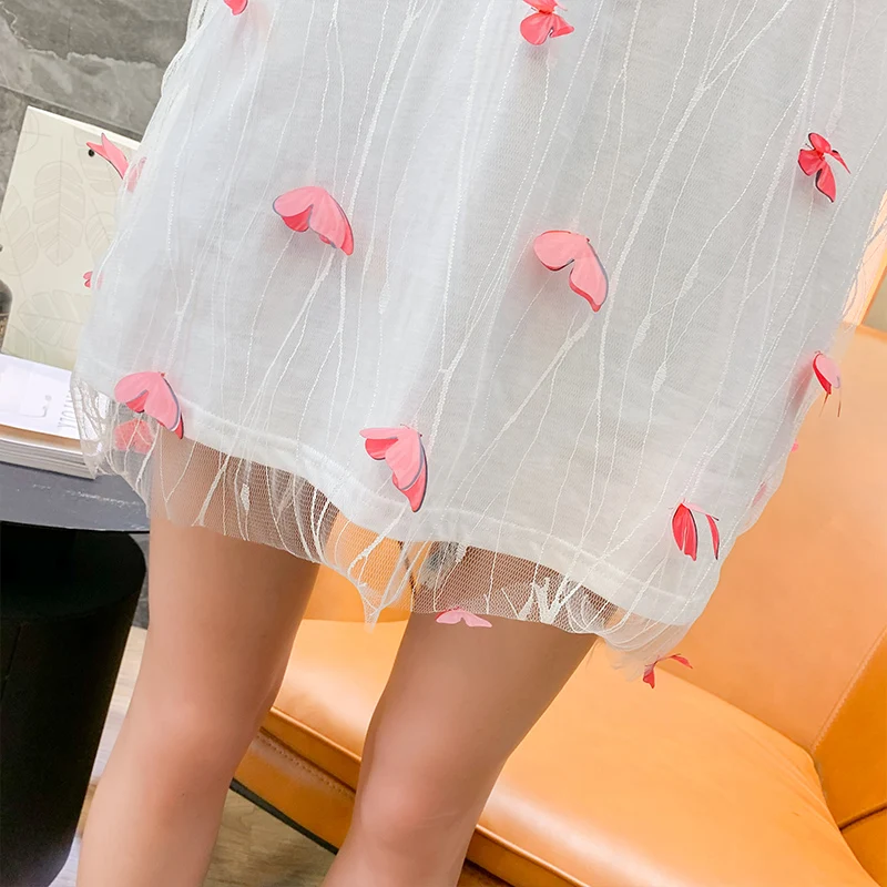 

#0604 Summer Short Sleeve T Shirt Women Spliced Gauze Casual Long T-shirt Female O Neck Womens Tee Shirts Loose Korean Style