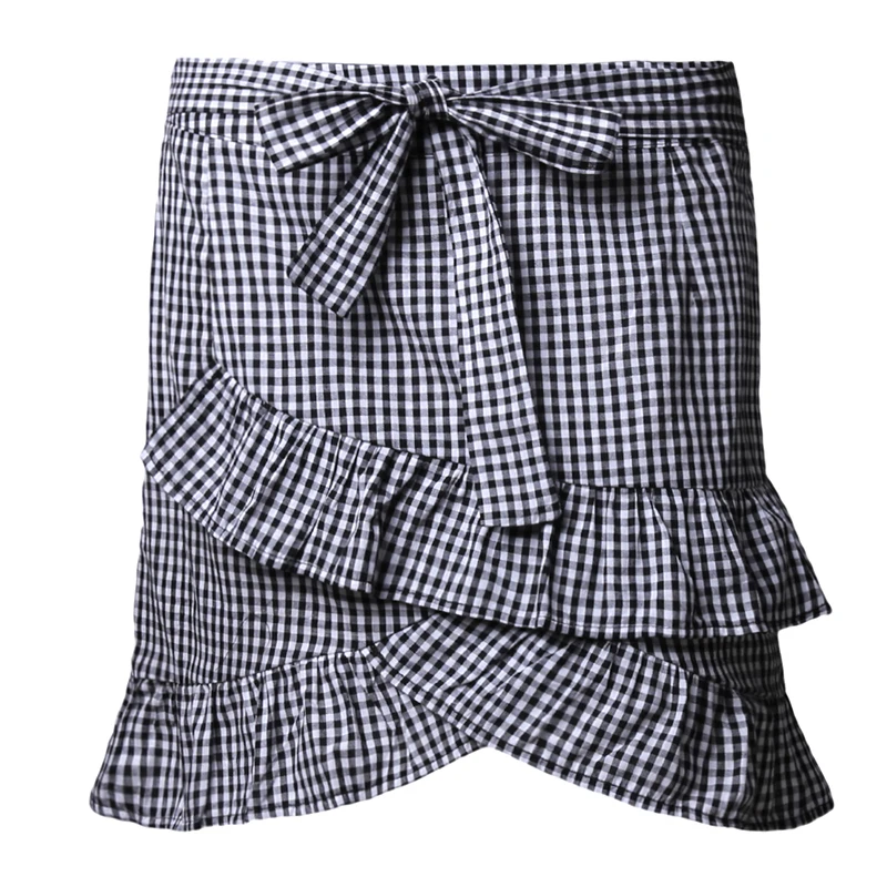 

Women's High Waist Flared Asymmetrical Layered Ruffle Bow Plaid Striped Pleated Skirt A-Line Short Mini Skirts S/M/L/XL