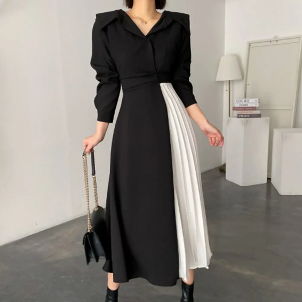 

Dress 2021 Autumn Winter Women Casual Dress Long Sleeve O-neck Patchwork Elegant Party Outfits Vestido Streetwear Clothes