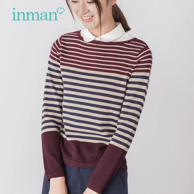 INMAN Women Spring Autumn NEW All-match Casual O-Neck Striped Pullover Sweater Long Sleeve Knitting Tops | Женская одежда