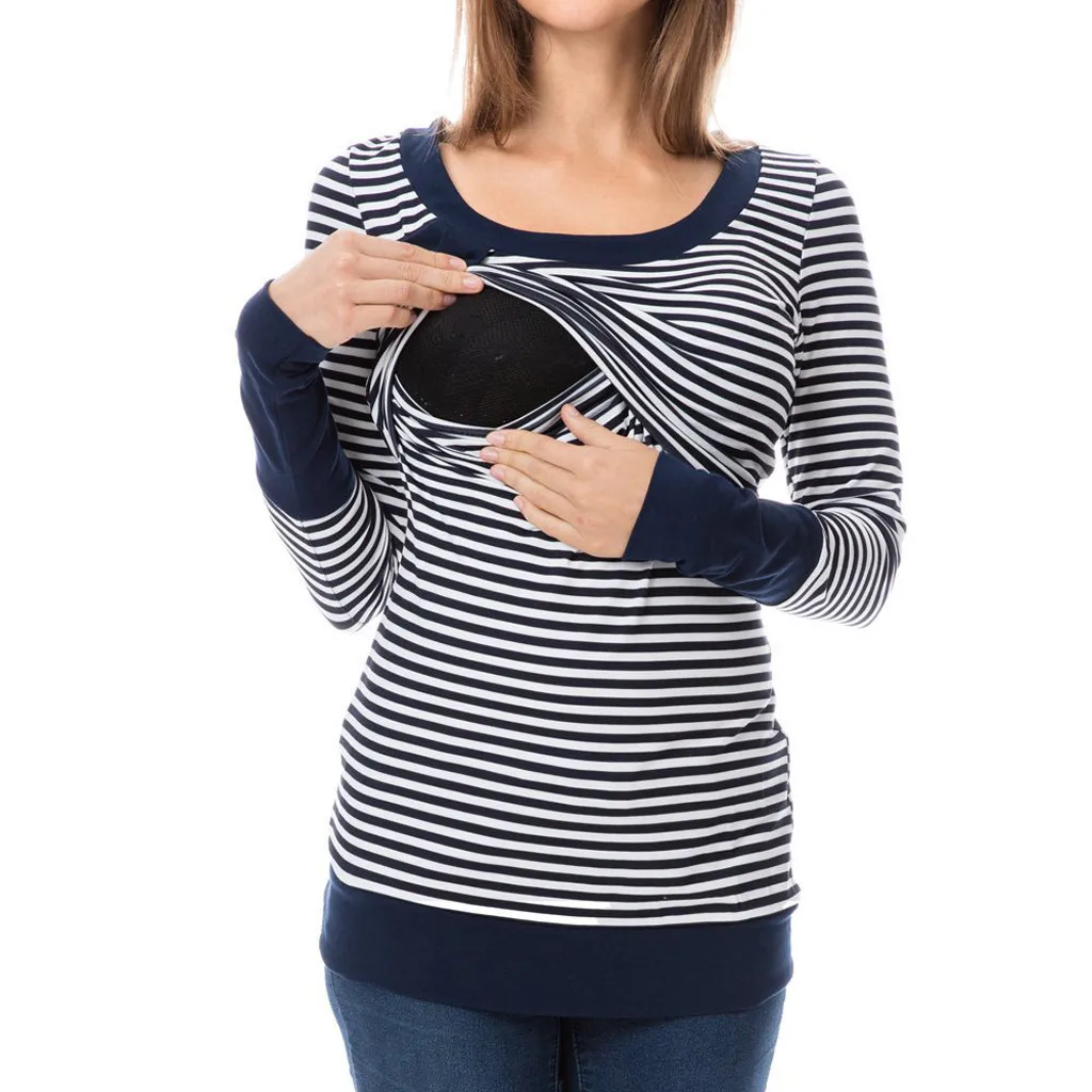 Новая модная женская блузка для кормления с круглым вырезом и полосатым принтом