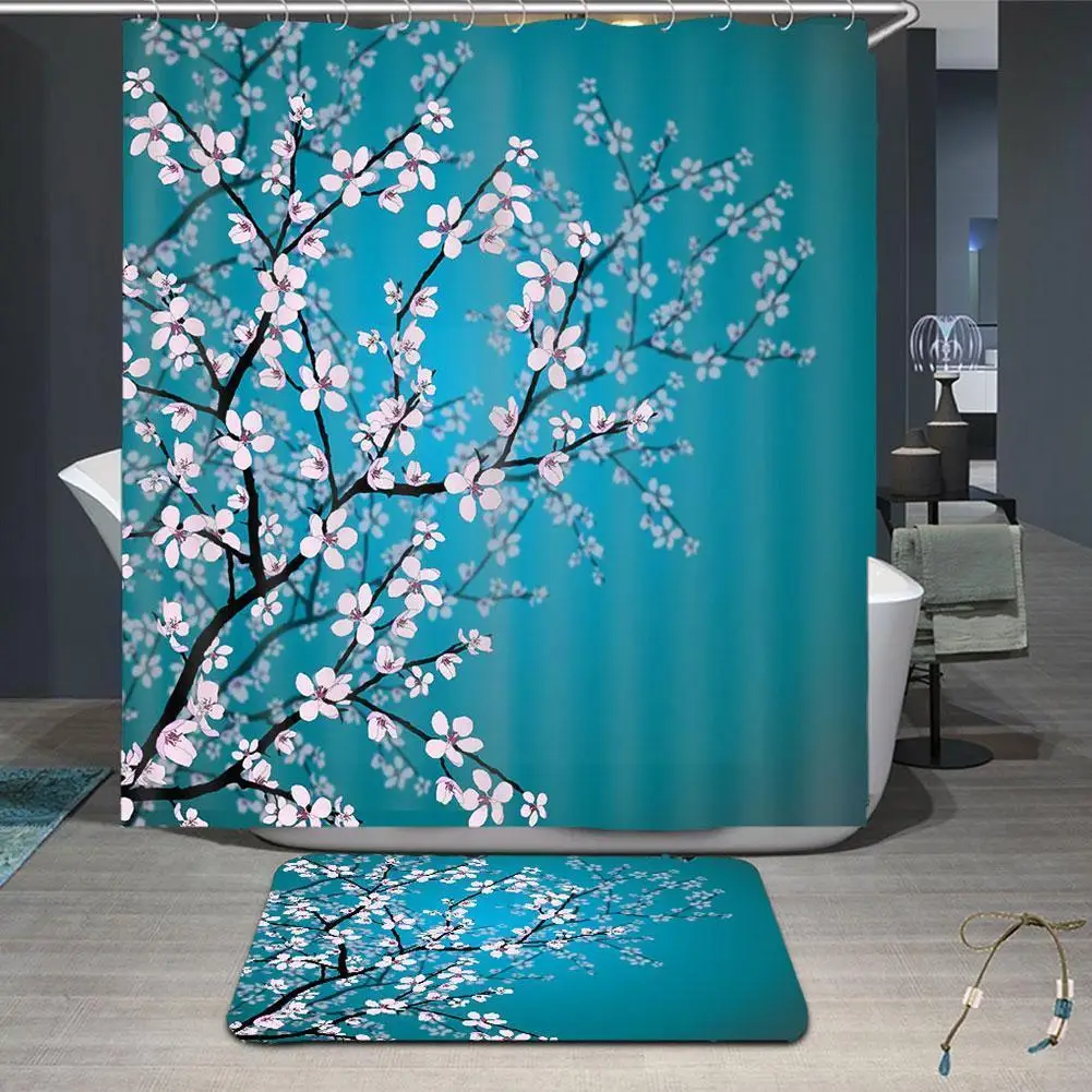 

Blossoms Print Fabric Shower Curtains Bathroom Curtain Rugs Cover Anti-skid Bath Carpet Toilet Lid Sets Set Flower Mat I8o7