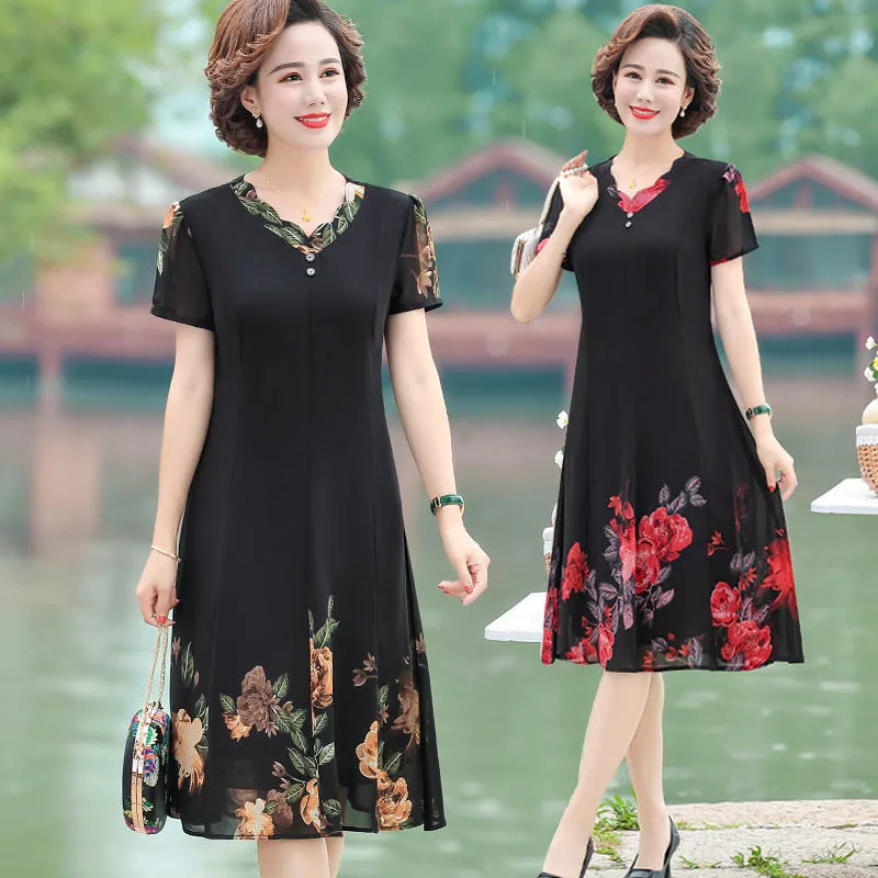 Женское шифоновое платье с принтом элегантное коротким рукавом для женщин