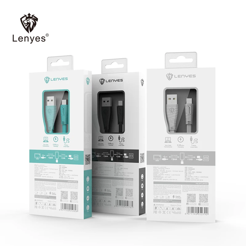 Кабель для быстрой зарядки Lenyes 1 м кабель Micro V8 Type C iOS iPhone 7 8 Plus X XR XS 11 плоский провод