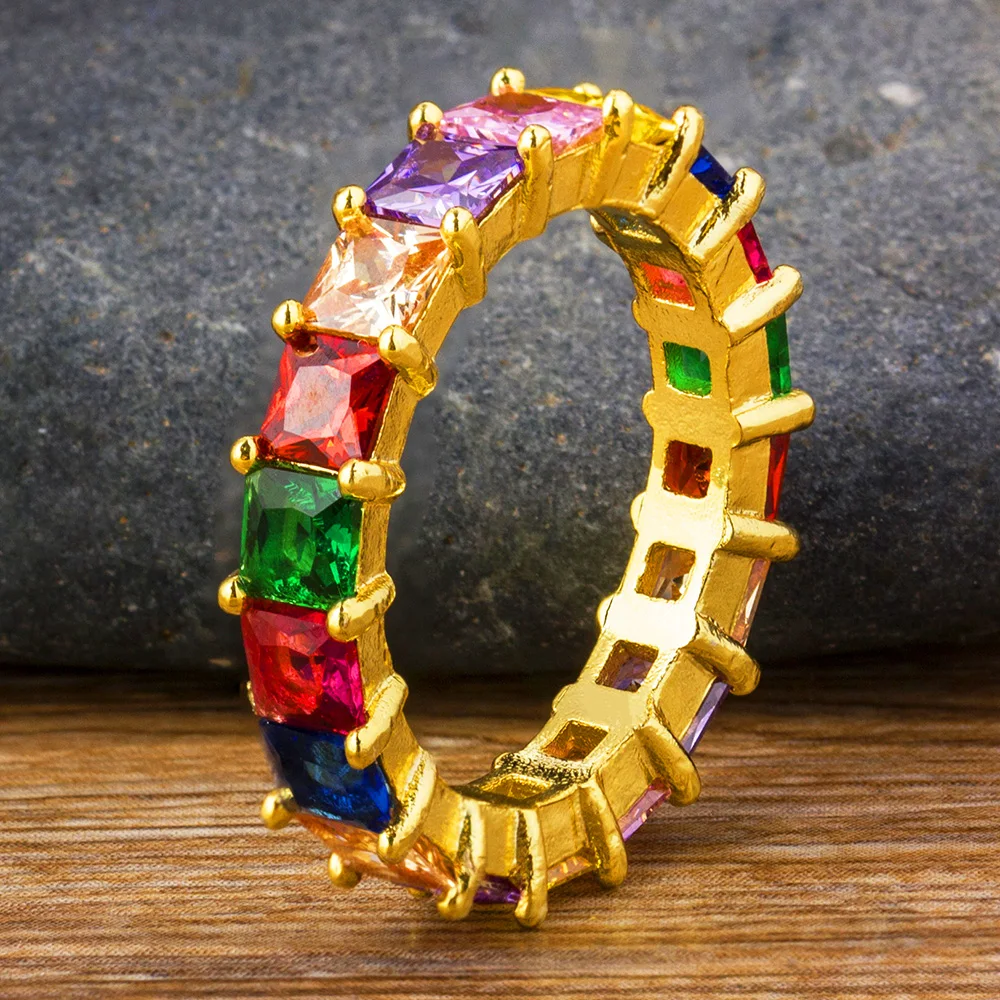 Золото Цвет уникальный дизайн Радуга Багет CZ кольцо с твердым покрытием