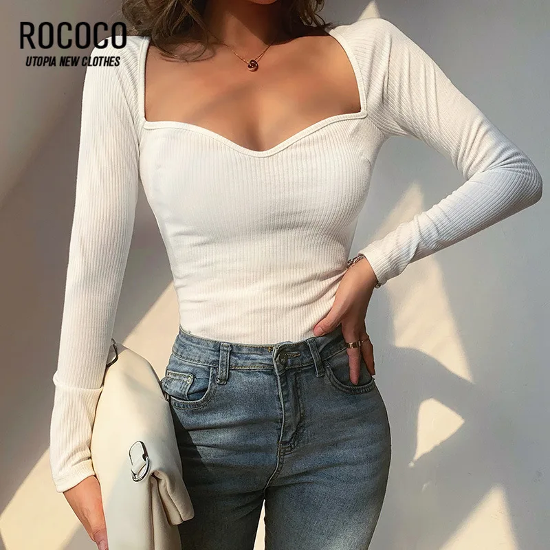 Женский трикотажный свитер с длинным рукавом и квадратным вырезом | Женская