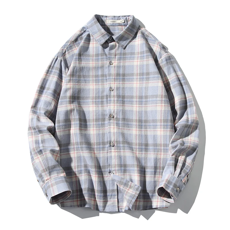 

Pure Cotton Long Sleeve Shirt for Men Contrast Plaid Checkered Shirt Design Casual Standard-fit Button Down Gingham Tops 4XL 5XL