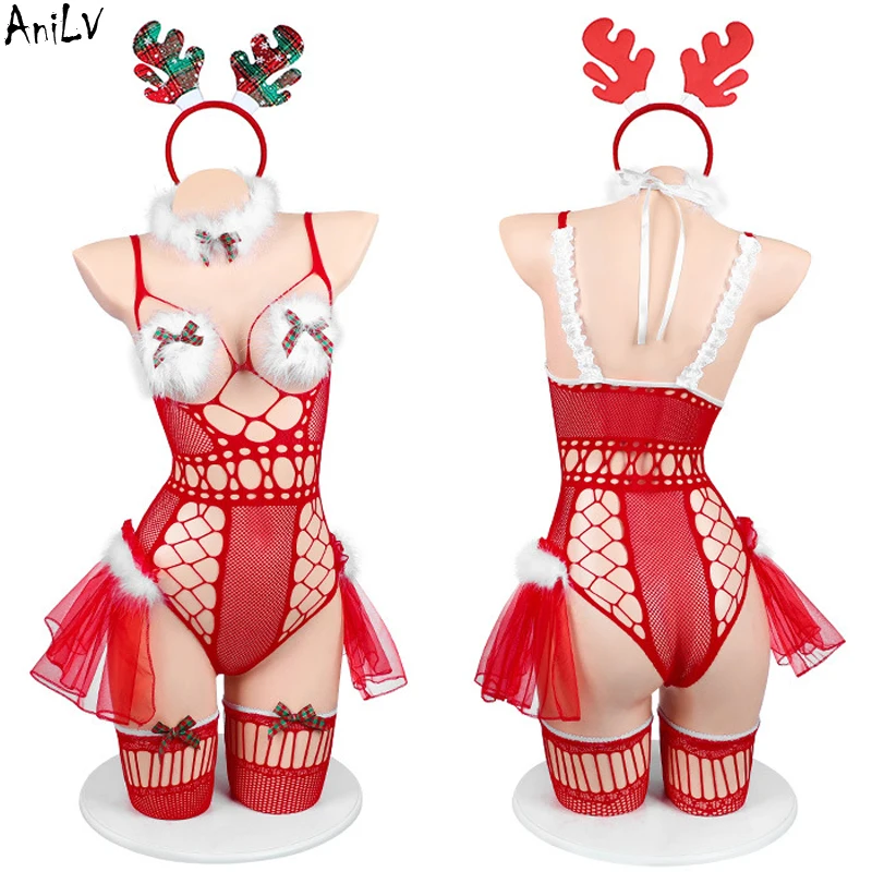 

AniLV Christmas Eve Little Elk Girl Red Fishnet Bodysui Uniform Costume Xmas Women Sexy Furry Hollow Pajamas Lingerie Cosplay