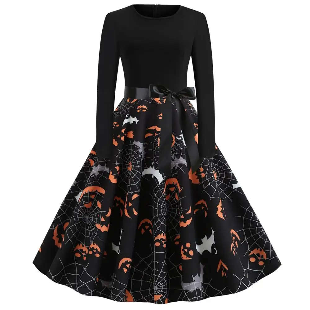 Woman Dress Bat Spider Net Lantern Printed Halloween Costumes for Women 2019 Long Sleeves Festival Fancy Clothing Autumn Winter | Женская